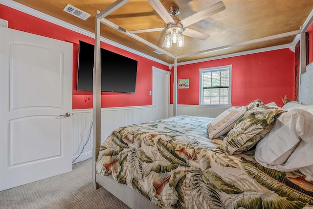 77 Stoneledge Dr, Maumelle, AR 72113 - bedroom with carpet flooring, ornamental molding, wainscoting, and ceiling fan