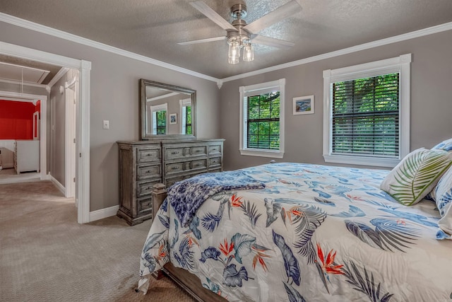 77 Stoneledge Dr, Maumelle, AR 72113 - bedroom featuring attic access, light colored carpet, ornamental molding, a textured ceiling, and baseboards