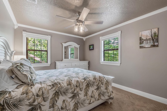 77 Stoneledge Dr, Maumelle, AR 72113 - carpeted bedroom with multiple windows, ornamental molding, a textured ceiling, ceiling fan, and baseboards