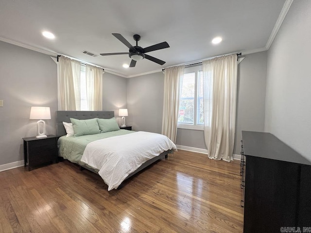 1701 N University, Little Rock, AR 72207 - bedroom with crown molding, baseboards, dark wood-style floors, recessed lighting, and a ceiling fan