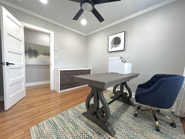 1701 N University, Little Rock, AR 72207 - home office with baseboards, a ceiling fan, wood finished floors, crown molding, and recessed lighting