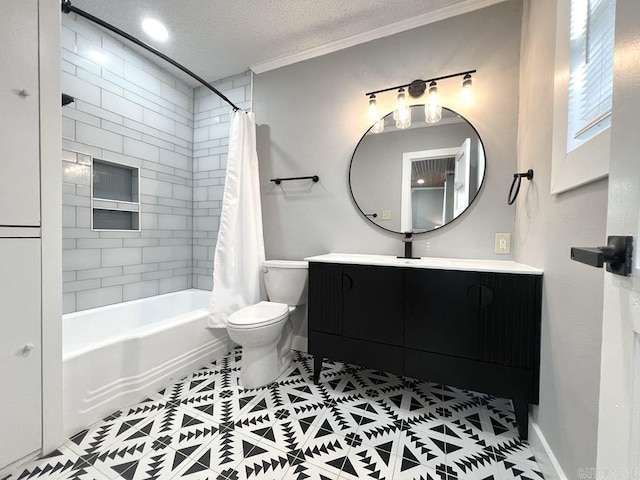 1701 N University, Little Rock, AR 72207 - full bathroom with ornamental molding, toilet, tile patterned flooring, shower / bath combination with curtain, and vanity