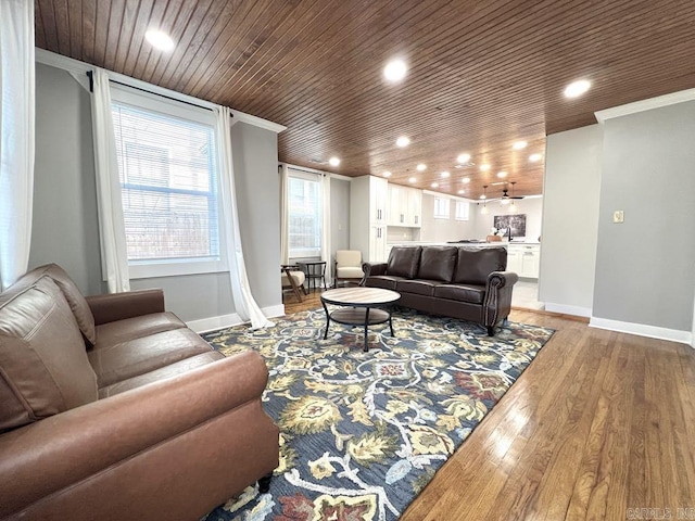 1701 N University, Little Rock, AR 72207 - living room featuring wooden ceiling, light wood-style floors, baseboards, recessed lighting, and crown molding