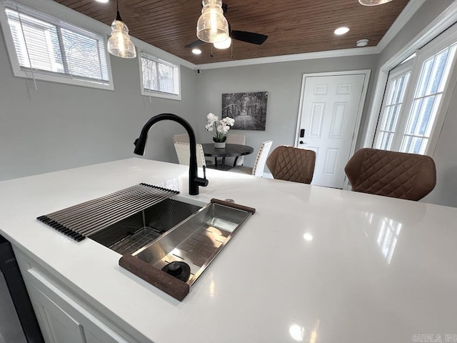 1701 N University, Little Rock, AR 72207 - kitchen view of a sink, wooden ceiling, light countertops, a ceiling fan, and recessed lighting