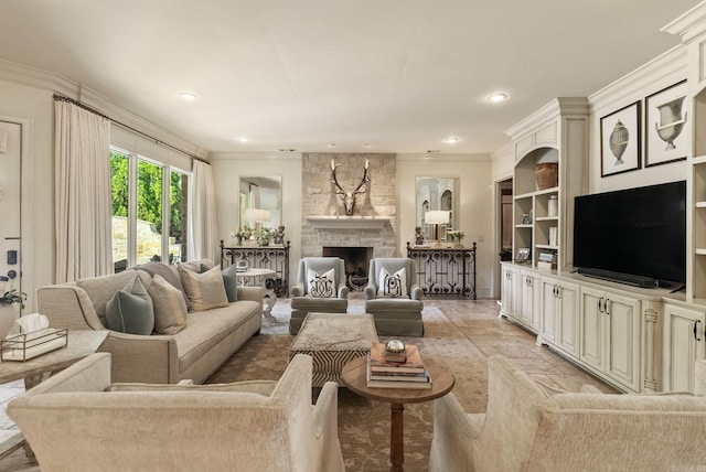 64 Sologne Cir, Little Rock, AR 72223 - living area featuring crown molding, recessed lighting, and a fireplace