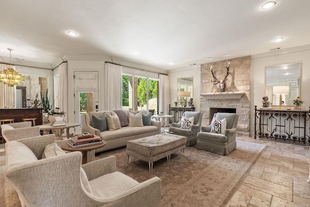 64 Sologne Cir, Little Rock, AR 72223 - living area featuring ornamental molding, stone tile flooring, recessed lighting, a chandelier, and a fireplace