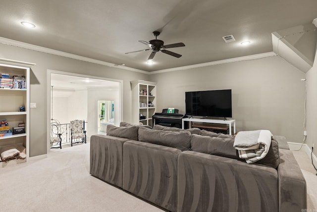 64 Sologne Cir, Little Rock, AR 72223 - living area with ceiling fan, light carpet, crown molding, recessed lighting, and built in features