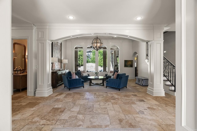 64 Sologne Cir, Little Rock, AR 72223 - common area with crown molding, stairs, and recessed lighting
