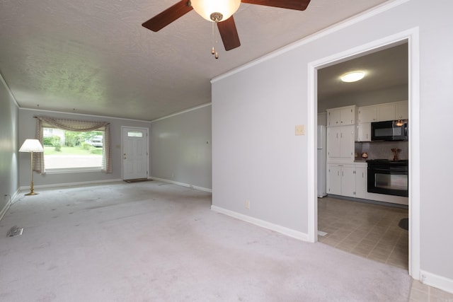 25 Barbara Cir, Little Rock, AR 72204 - unfurnished living room featuring baseboards, a ceiling fan, light carpet, a textured ceiling, and crown molding