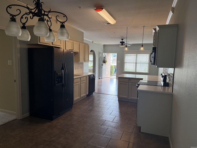 1710 Sweetspire, Conway, AR 72032 - kitchen with black appliances, a ceiling fan, arched walkways, backsplash, and light countertops