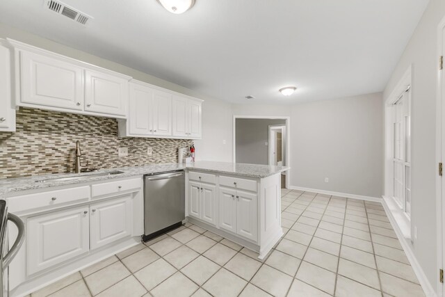 14 Woodbridge, Cabot, AR 72023 - kitchen featuring a sink, stainless steel dishwasher, a peninsula, backsplash, and white cabinets