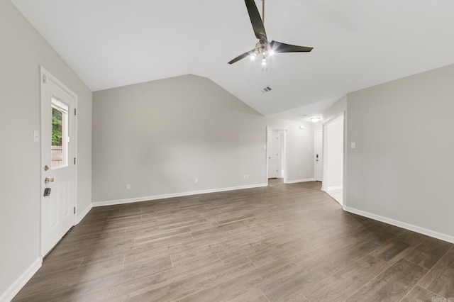 14 Woodbridge, Cabot, AR 72023 - unfurnished living room with a ceiling fan, lofted ceiling, wood finished floors, and baseboards