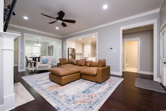 11316 Barrett Rd, Roland, AR 72135 - living area featuring ceiling fan, ornamental molding, baseboards, dark wood-style floors, and recessed lighting