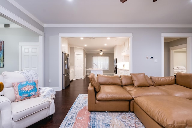 11316 Barrett Rd, Roland, AR 72135 - living area featuring a ceiling fan, dark wood finished floors, recessed lighting, crown molding, and baseboards