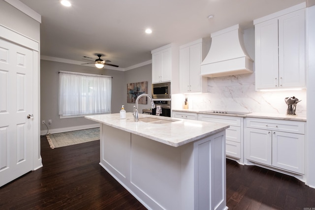 11316 Barrett Rd, Roland, AR 72135 - kitchen featuring premium range hood, appliances with stainless steel finishes, a sink, tasteful backsplash, and dark wood-style flooring