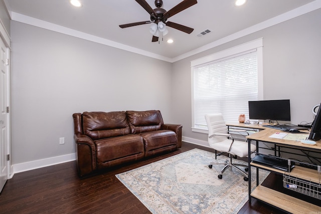 11316 Barrett Rd, Roland, AR 72135 - office area featuring a ceiling fan, baseboards, recessed lighting, hardwood / wood-style flooring, and ornamental molding