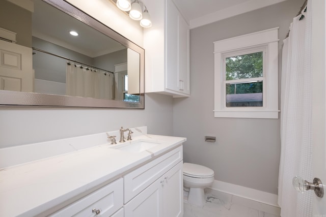 11316 Barrett Rd, Roland, AR 72135 - full bathroom featuring marble look tile flooring, baseboards, toilet, vanity, and a shower with curtain