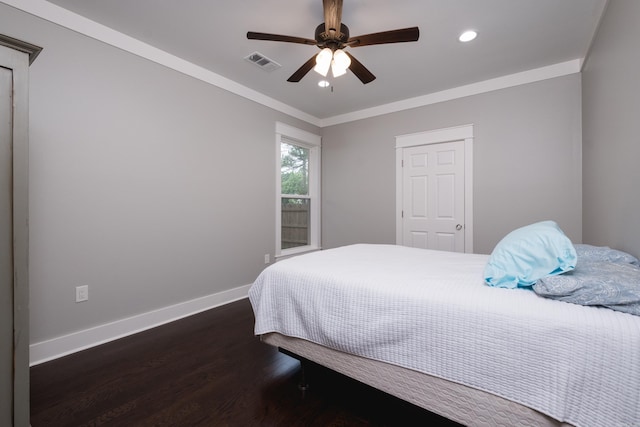 11316 Barrett Rd, Roland, AR 72135 - bedroom with dark wood-style flooring, baseboards, recessed lighting, crown molding, and ceiling fan
