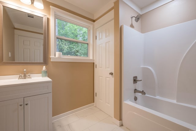 11316 Barrett Rd, Roland, AR 72135 - full bath with baseboards, shower / bathtub combination, vanity, and marble finish floors