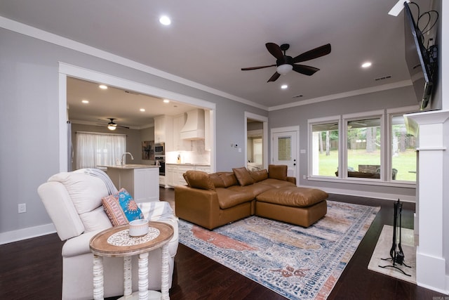 11316 Barrett Rd, Roland, AR 72135 - living area with a ceiling fan, ornamental molding, dark wood-style floors, recessed lighting, and baseboards