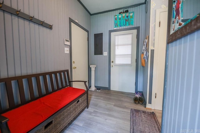 327 N Holloway Ave, El Dorado, AR 71730 - mudroom featuring wood finished floors, crown molding, electric panel, and baseboards