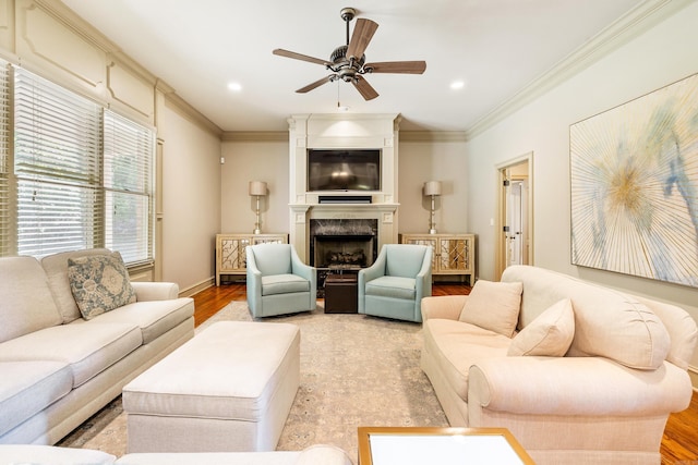 4 Bellegarde Dr, Little Rock, AR 72223 - living area featuring ornamental molding, wood finished floors, ceiling fan, a fireplace, and recessed lighting