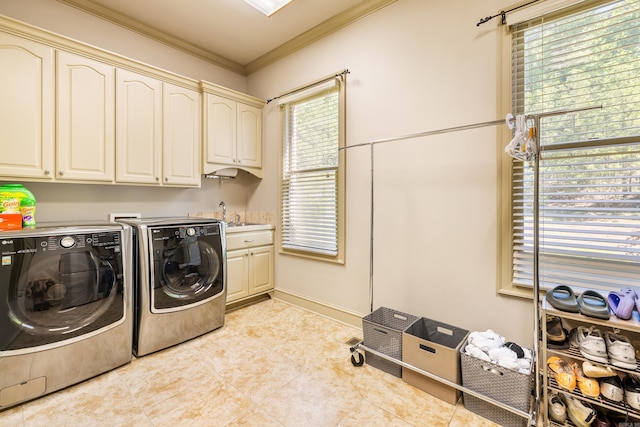 4 Bellegarde Dr, Little Rock, AR 72223 - laundry room with cabinet space, washing machine and clothes dryer, ornamental molding, and light tile patterned floors