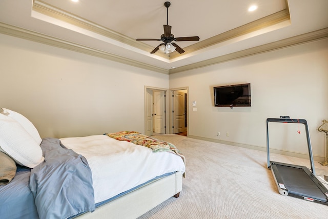 4 Bellegarde Dr, Little Rock, AR 72223 - carpeted bedroom featuring a tray ceiling, crown molding, recessed lighting, a ceiling fan, and baseboards