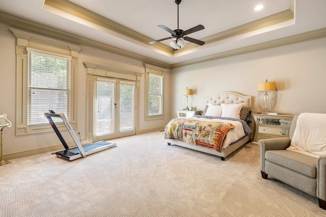 4 Bellegarde Dr, Little Rock, AR 72223 - carpeted bedroom featuring a raised ceiling, crown molding, access to exterior, french doors, and a ceiling fan