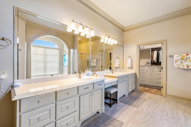 4 Bellegarde Dr, Little Rock, AR 72223 - full bathroom with crown molding, decorative columns, a shower stall, and vanity