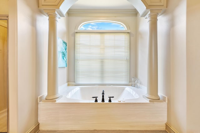 4 Bellegarde Dr, Little Rock, AR 72223 - bathroom with ornamental molding, a bath, and decorative columns