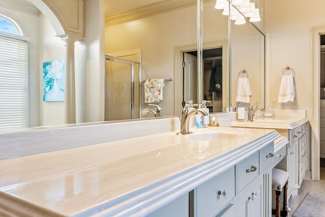 4 Bellegarde Dr, Little Rock, AR 72223 - full bath featuring a stall shower, crown molding, ornate columns, vanity, and a closet