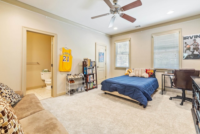 4 Bellegarde Dr, Little Rock, AR 72223 - carpeted bedroom featuring crown molding, ensuite bathroom, baseboards, recessed lighting, and ceiling fan