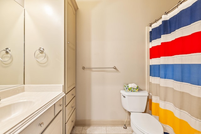 4 Bellegarde Dr, Little Rock, AR 72223 - bathroom with baseboards, tile patterned floors, toilet, vanity, and curtained shower