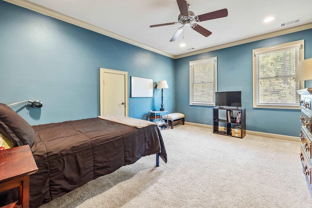 4 Bellegarde Dr, Little Rock, AR 72223 - carpeted bedroom with crown molding, multiple windows, baseboards, ceiling fan, and recessed lighting