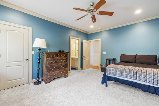 4 Bellegarde Dr, Little Rock, AR 72223 - carpeted bedroom with crown molding, baseboards, connected bathroom, recessed lighting, and ceiling fan