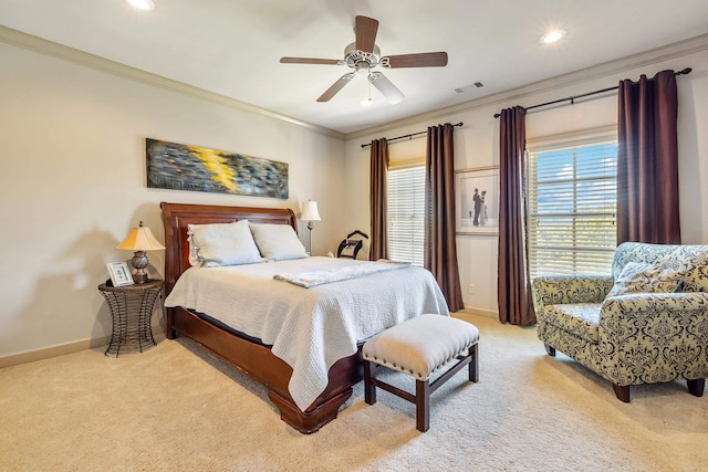 4 Bellegarde Dr, Little Rock, AR 72223 - bedroom featuring light carpet, baseboards, ornamental molding, recessed lighting, and ceiling fan