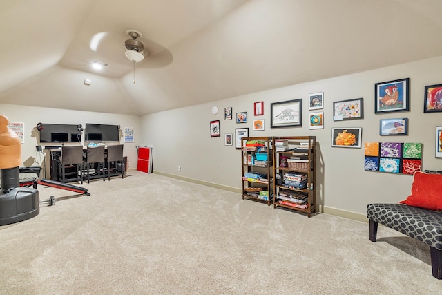 4 Bellegarde Dr, Little Rock, AR 72223 - living area featuring ceiling fan, lofted ceiling, baseboards, and carpet