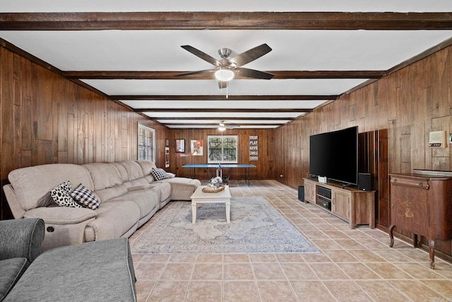 50 Heritage Park Cir, North Little Rock, AR 72116 - living room featuring wooden walls, a ceiling fan, and beam ceiling