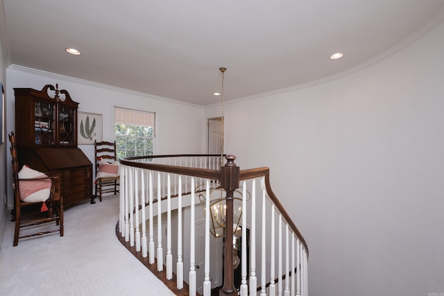 148 Pleasant Valley Dr, Little Rock, AR 72212 - hallway featuring an upstairs landing, light colored carpet, ornamental molding, and recessed lighting