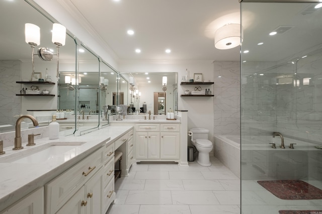 148 Pleasant Valley Dr, Little Rock, AR 72212 - bathroom with ornamental molding, a bath, recessed lighting, a shower, and marble look tiles