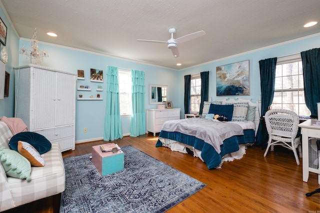 148 Pleasant Valley Dr, Little Rock, AR 72212 - bedroom featuring crown molding, multiple windows, wood finished floors, recessed lighting, and ceiling fan
