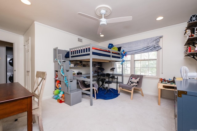 148 Pleasant Valley Dr, Little Rock, AR 72212 - carpeted bedroom featuring stacked washer and clothes dryer, an office area, recessed lighting, baseboards, and ornamental molding