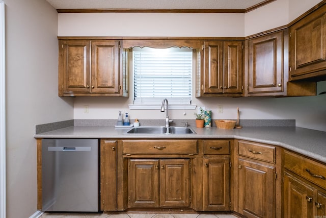 2418 Hickorynut Ct, Little Rock, AR 72211 - kitchen with dishwasher, a sink, ornamental molding, brown cabinetry, and light countertops