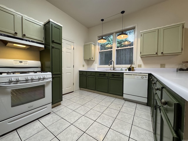 kitchen with green cabinets, white appliances, ventilation hood, and a sink