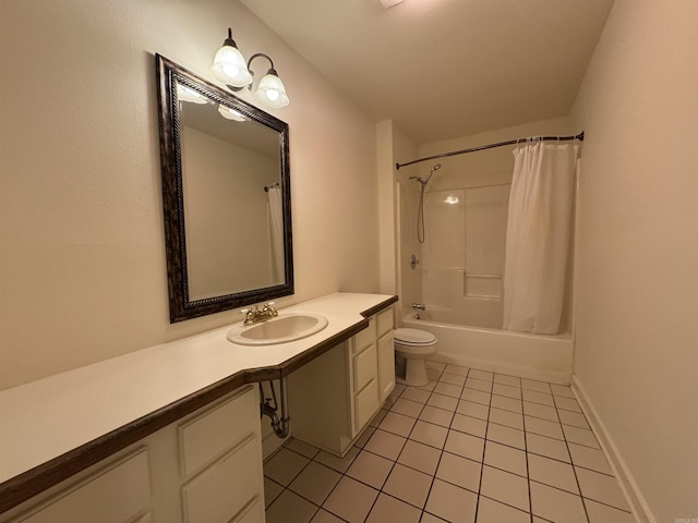 full bath with tile patterned floors, vanity, toilet, and shower / bath combination with curtain