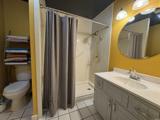 full bathroom featuring tile patterned floors, toilet, a shower stall, and vanity