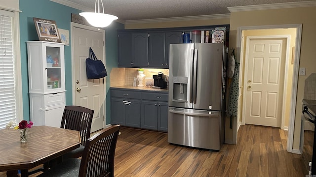 131 Sunny Gap, Conway, AR 72032 - kitchen featuring stainless steel fridge, dark wood-style floors, crown molding, gray cabinetry, and light countertops