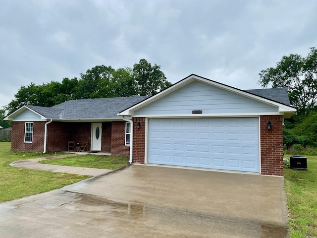 192 Shady Grove, Clarksville, AR 72830 - ranch-style house with driveway, brick siding, a front lawn, roof with shingles, and an attached garage