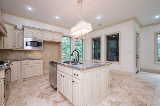 28 Talmont Pl, Little Rock, AR 72223 - kitchen with a sink, stainless steel appliances, stone counters, ornamental molding, and backsplash